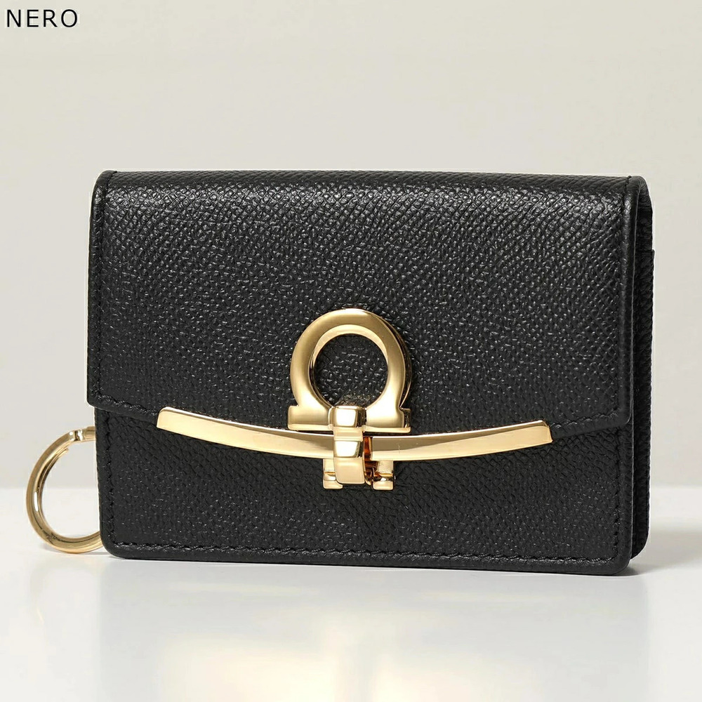 Salvatore Ferragamo GANCINO CILIP Card Case Wallet Gancini Leather Keyring